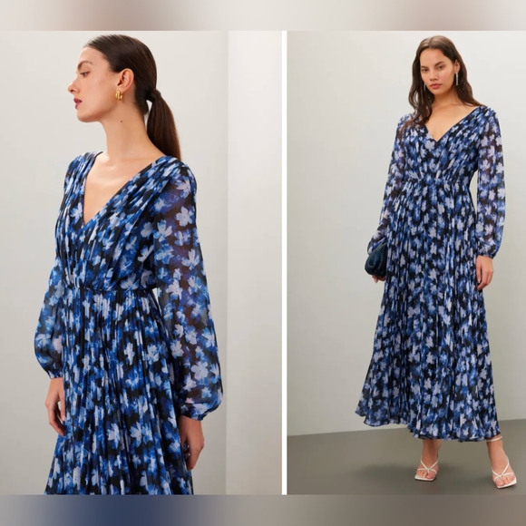 ML Monique Lhullier Melanie Blue Floral Maxi Dress Size 16 Rent The Runway - Picture 2 of 6